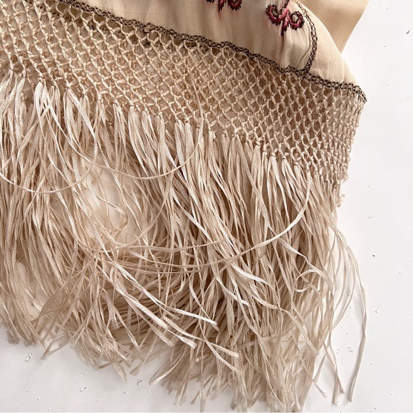 Vintage Silk Embroidered Beaded Scarf Shawl Stole Wrap Fringe Beige Soft 104x26” - Picture 6 of 16